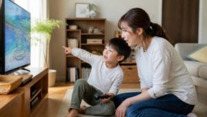 ゲームについて母に説明する子ども