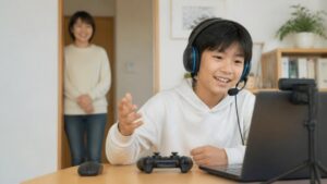 ゲーム実況をする子どもと見守る母