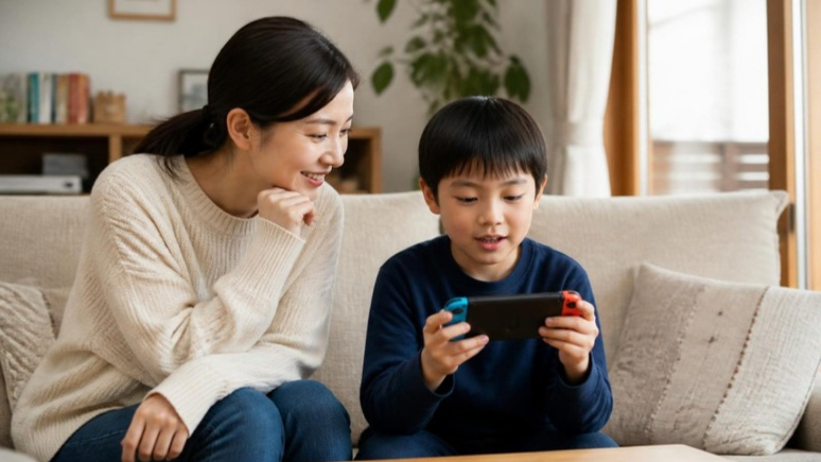 ゲームの話をする小学生の息子と話を聞く母