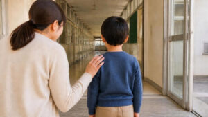学校の廊下の入口で立ち止まる子どもに寄り添う母