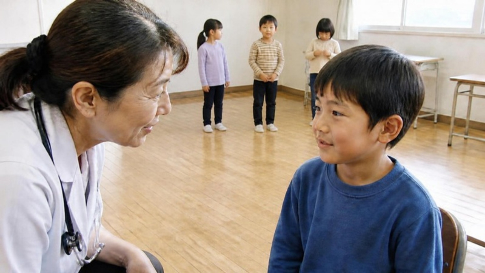 聴診器をかけた先生に話しかけられて微笑む子ども